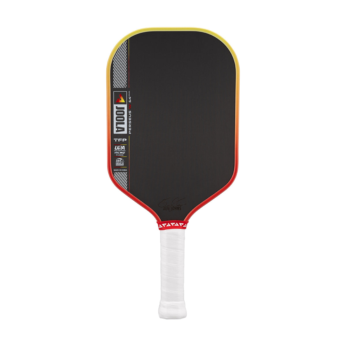 Pickleball paddle with black face, red border, and white handle on a white background