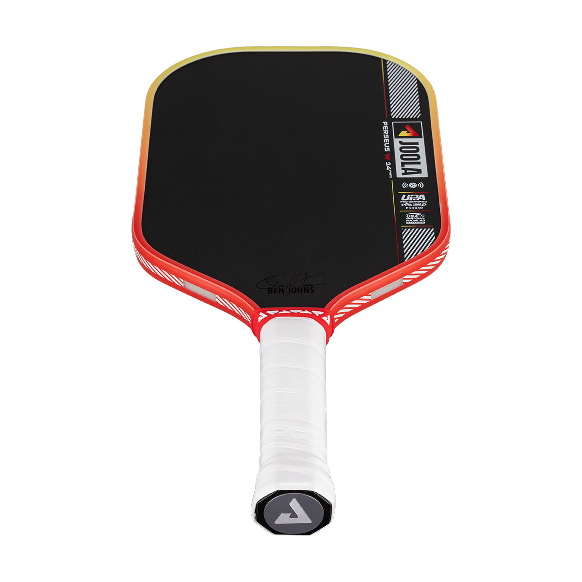 Pickleball paddle with black playing surface, red and white handle, and visible branding on a white background