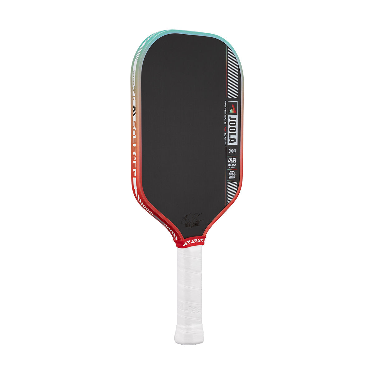 Pickleball paddle with black surface, red frame, and white handle on a white background