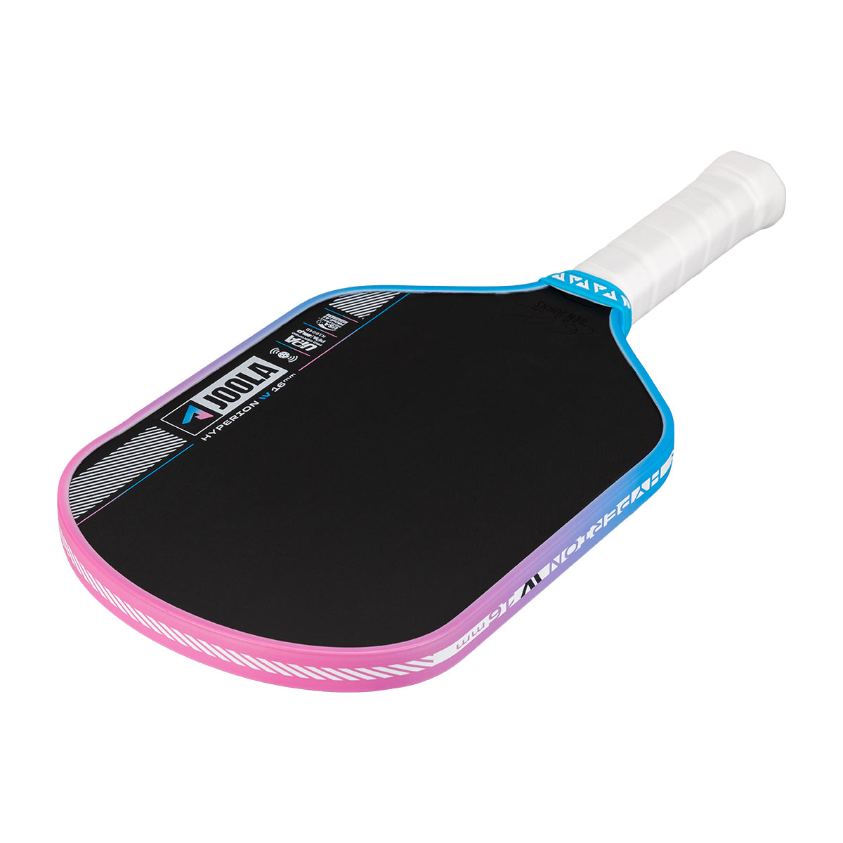 Pickleball paddle with pink and blue design on a white background.