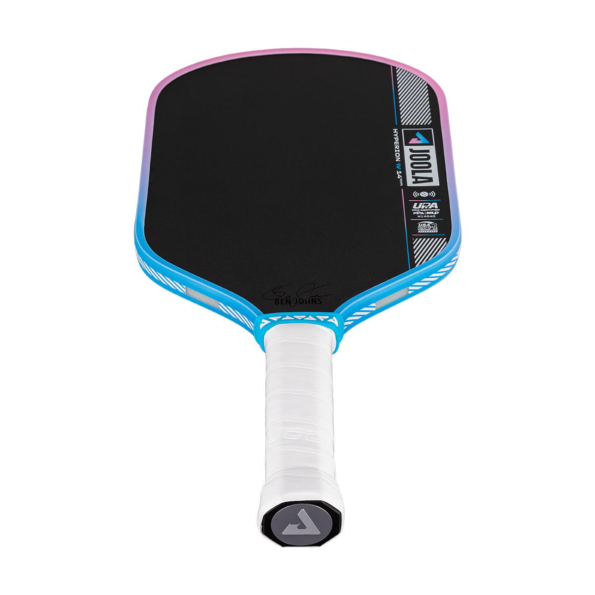 Pickleball paddle with black surface, blue frame, and white handle on a white background.