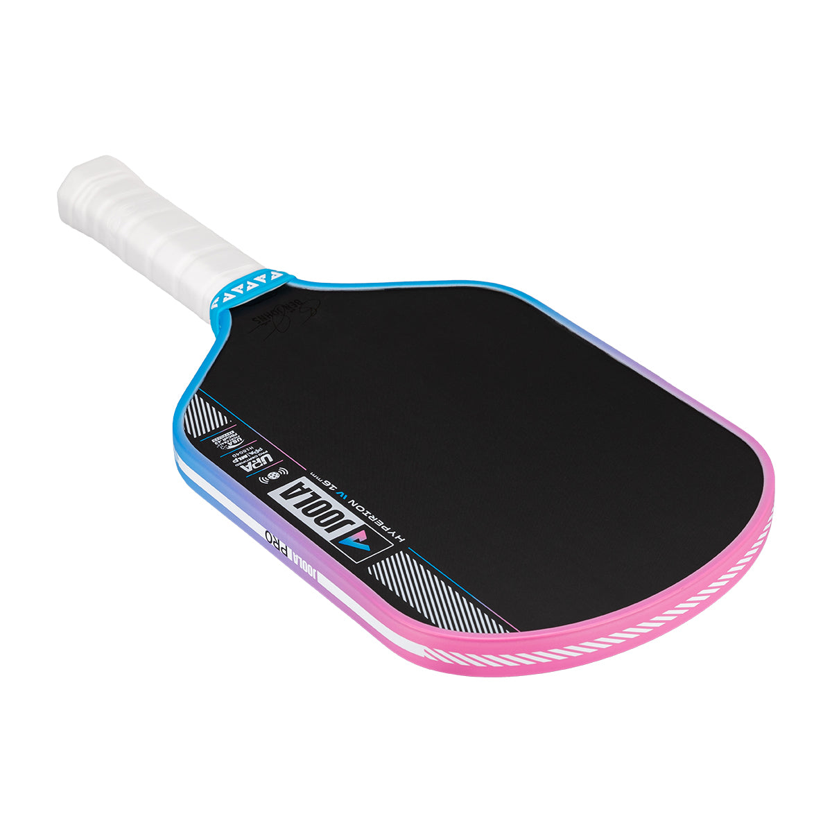 Pickleball paddle with black surface, blue rim, and pink frame on a white background.