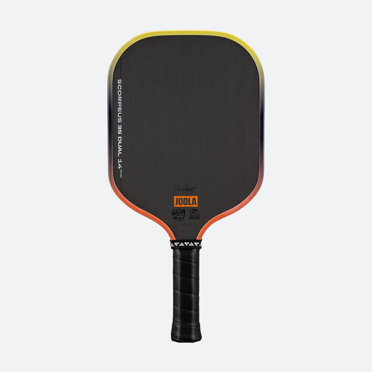 White background, Orange and Yellow gradiant edge guard on the JOOLA 3S Dual Scorpeus Pickleball Paddle.