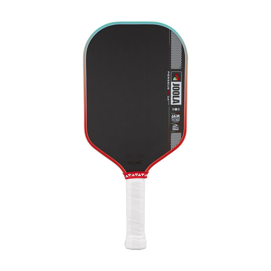 Pickleball paddle with black surface, red border, and white handle on a white background