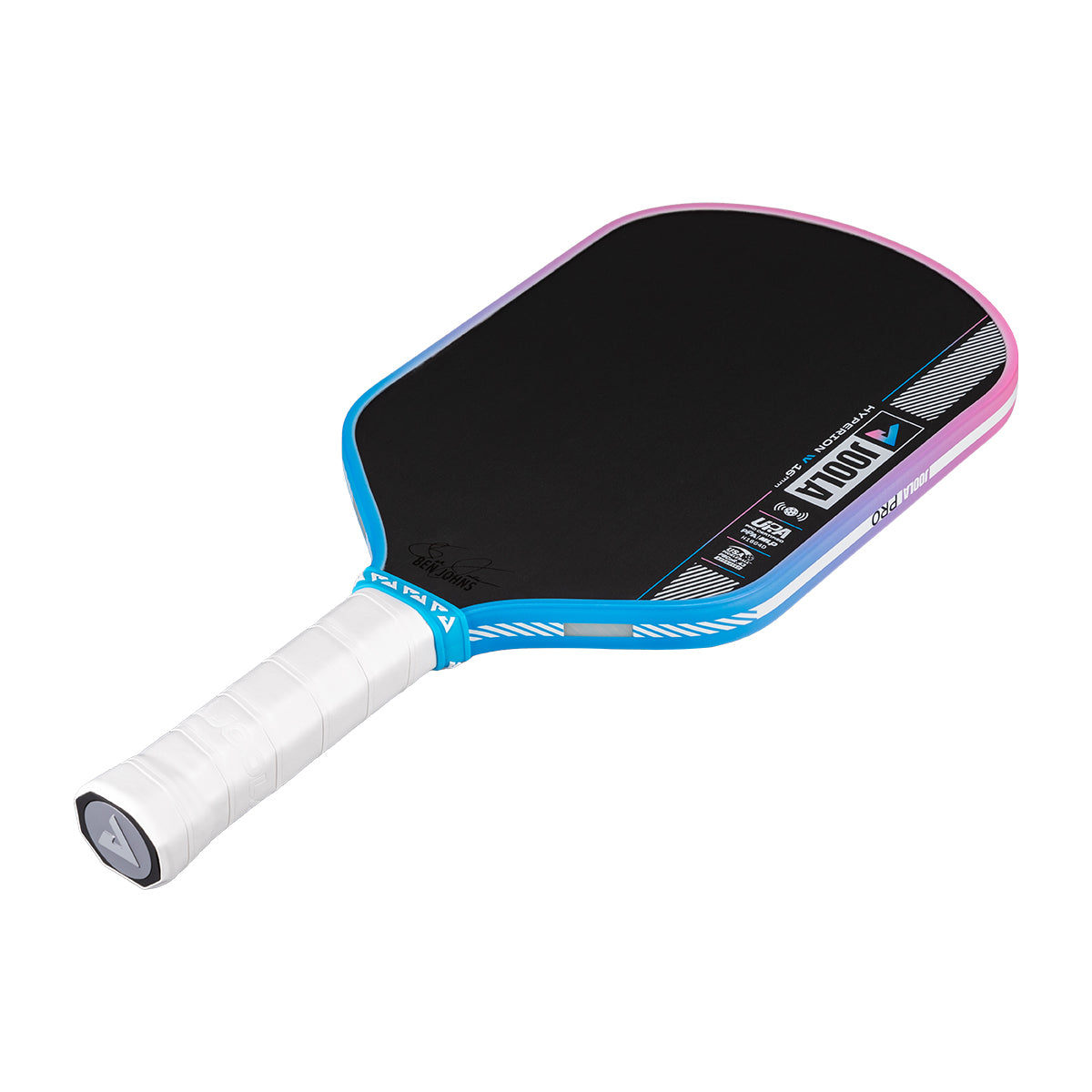 Pickleball paddle with black surface, blue rim, and white handle on a white background.