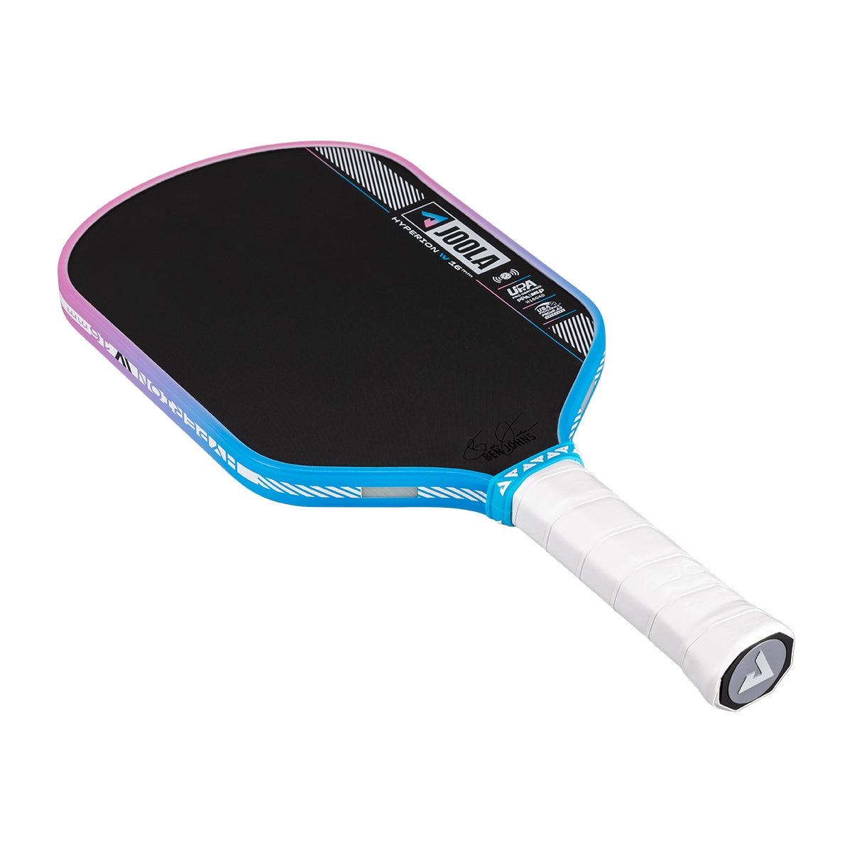 Pickleball paddle with black surface, blue and pink frame, and white handle on a white background.