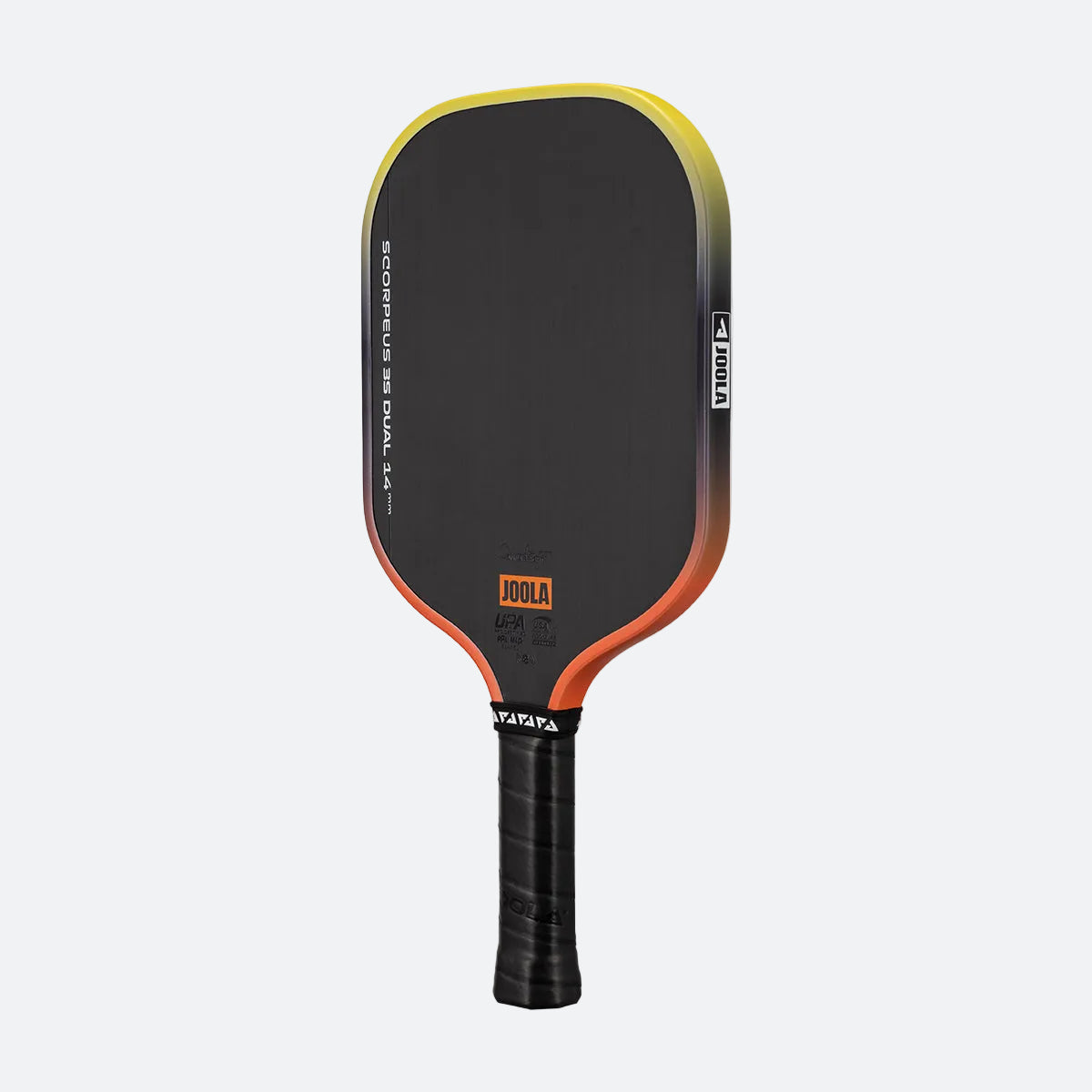 White background, Orange and Yellow gradiant edge guard on the JOOLA 3S Dual Scorpeus Pickleball Paddle.