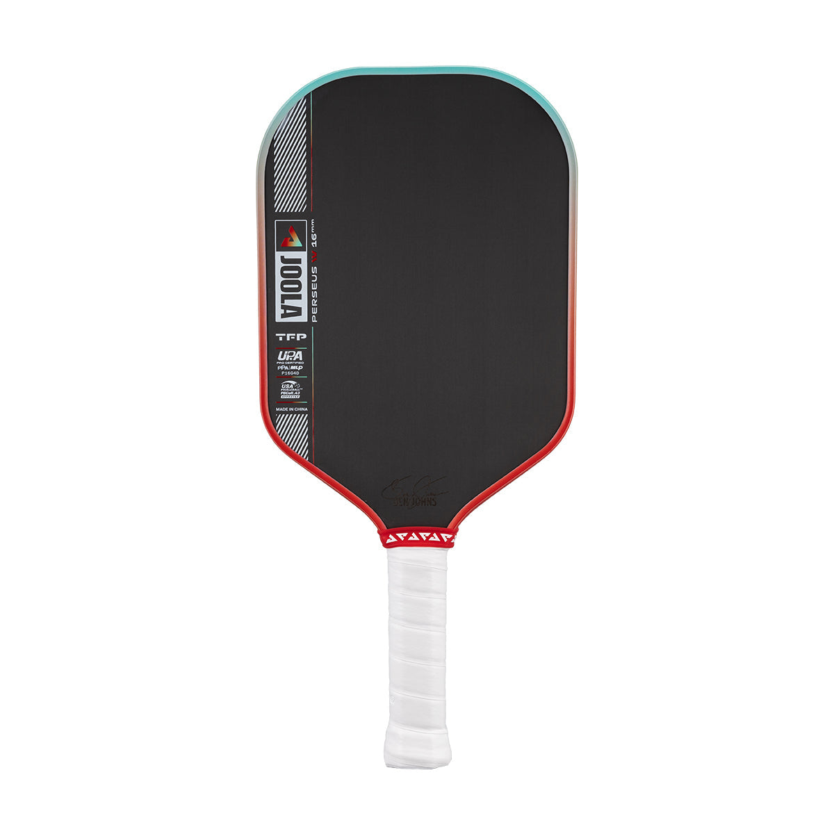 Pickleball paddle with black face, red edges, and white handle on a white background
