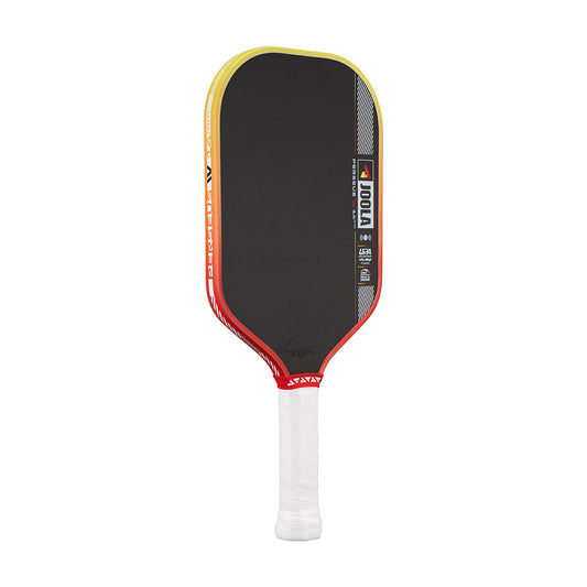 Pickleball paddle with black surface, red and yellow edges, and white handle on a white background