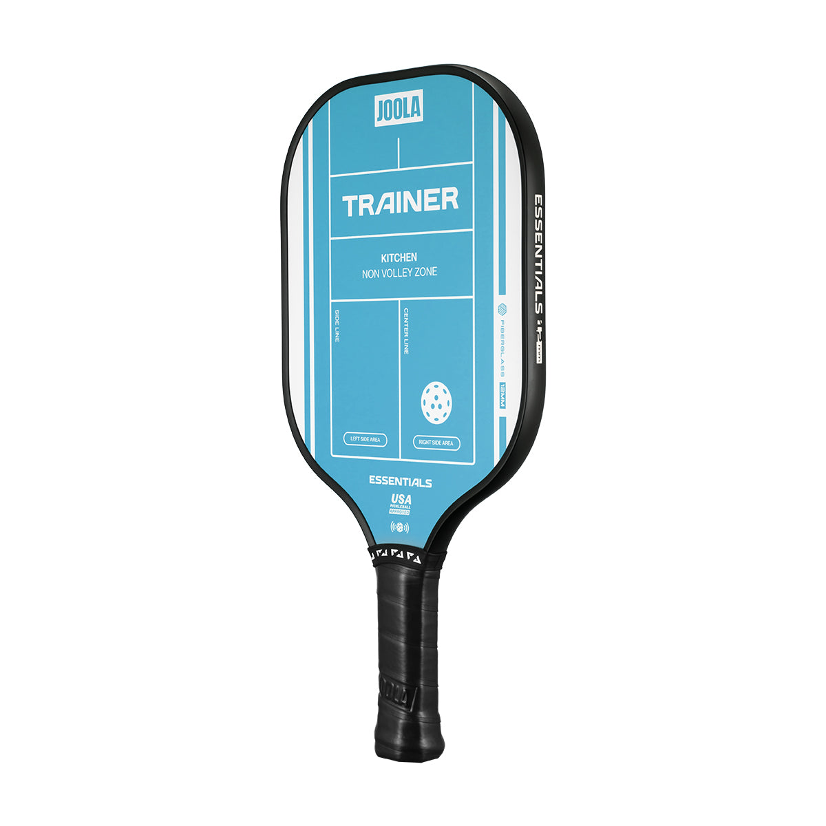 White background, angled view of the JOOLA Trainer paddle, teal surface.