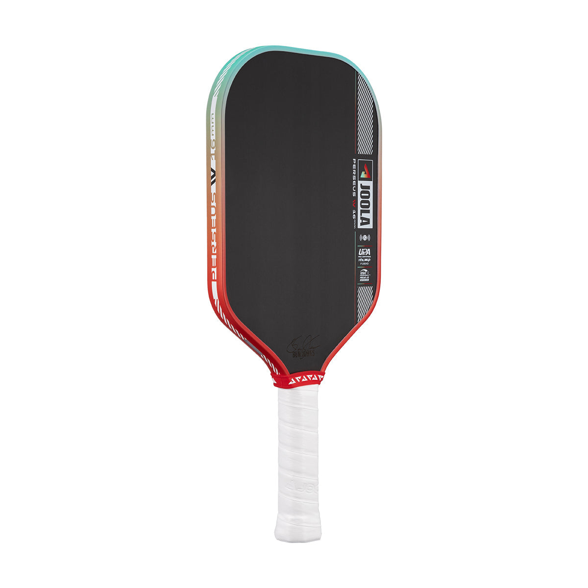 Pickleball paddle with black face, red sides, and white handle on a white background