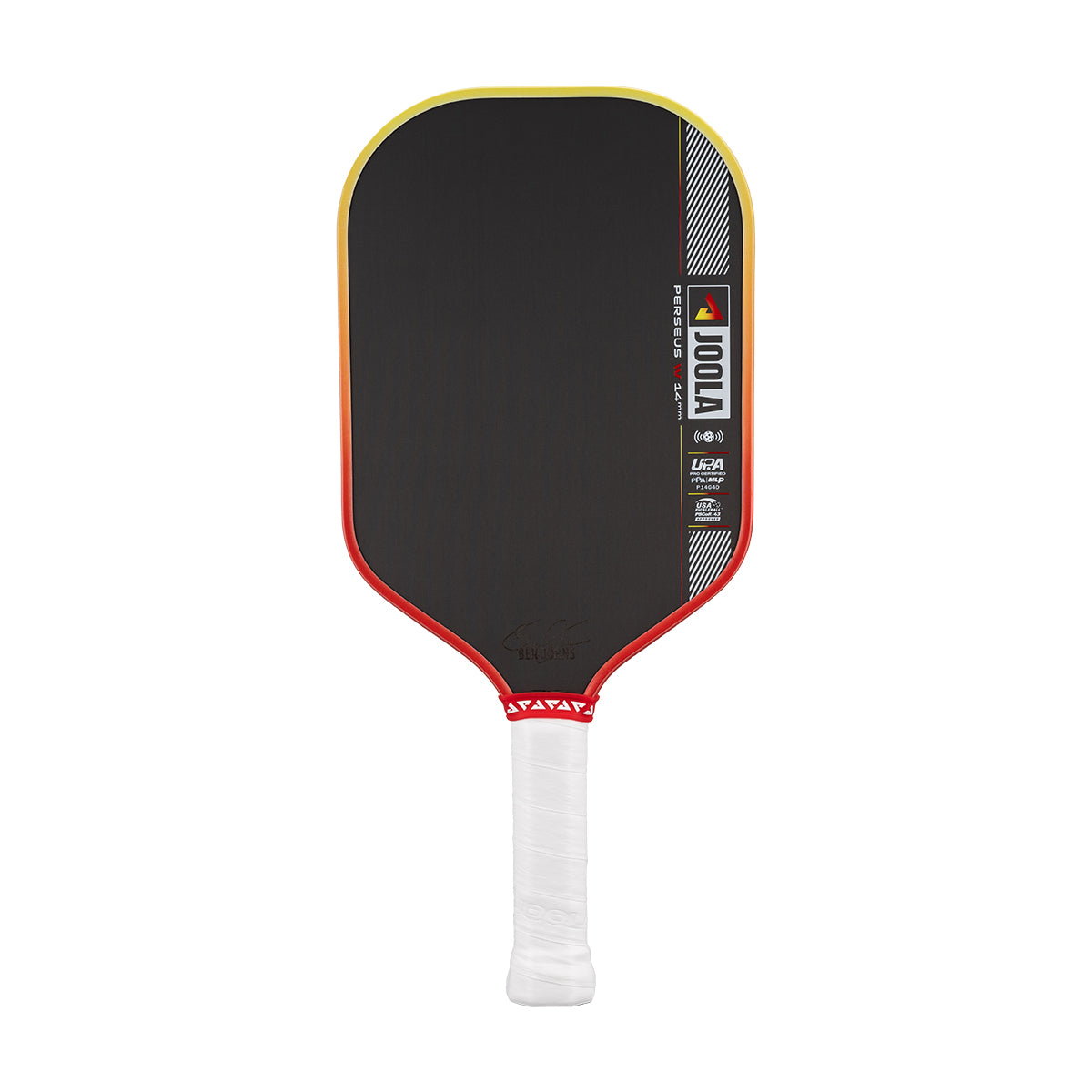 Pickleball paddle with black surface, red border, and white handle on a white background