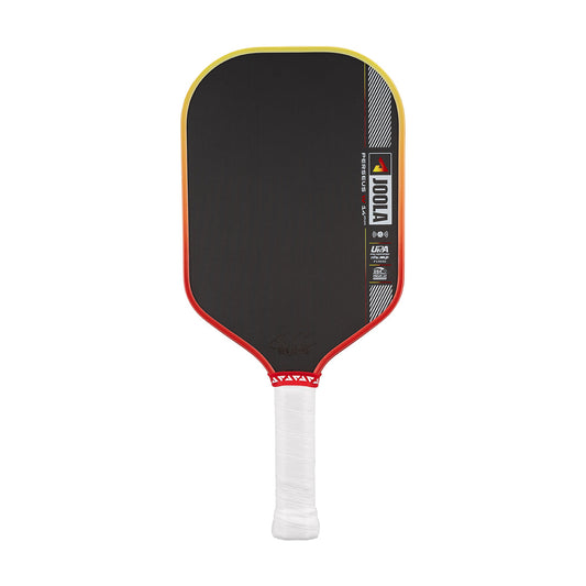 Pickleball paddle with black surface, red border, and white handle on a white background