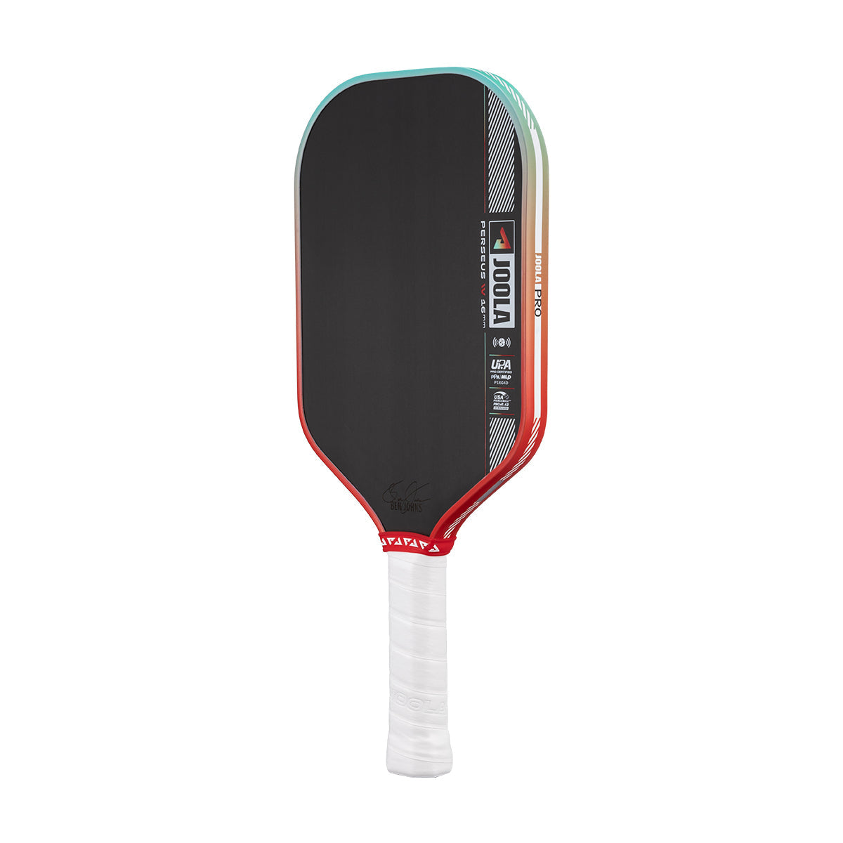 Pickleball paddle with black face, red border, and white handle on a white background