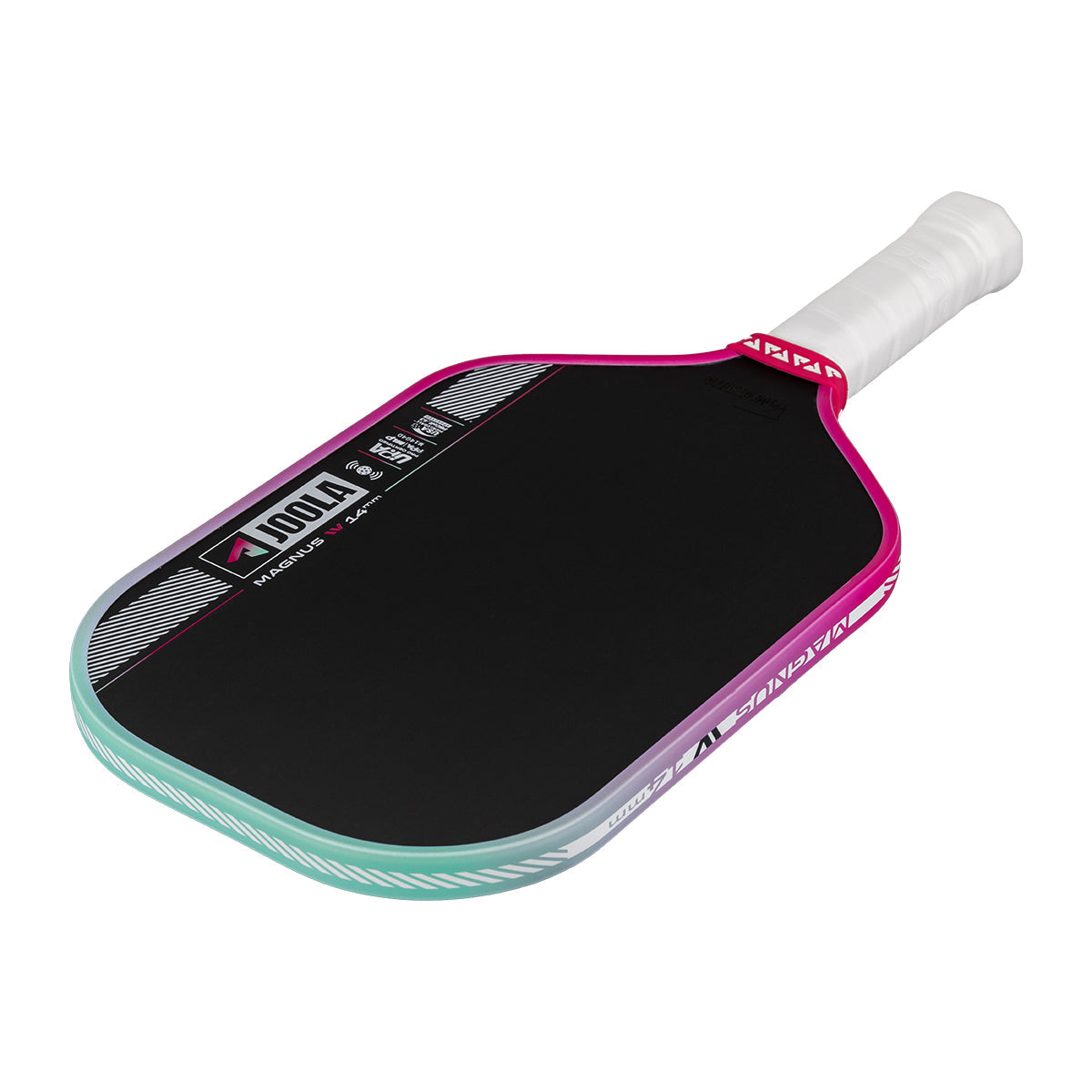 Pickleball paddle with black surface, pink and green edges, and white handle on a white background.