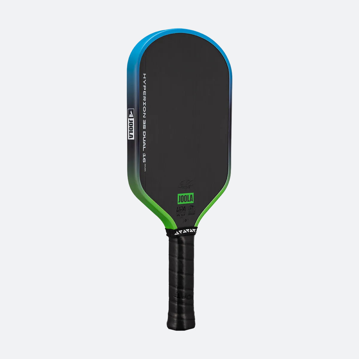 White background, image of a JOOLA Hyperion 3S Dual pickleball paddle with a green and blue dual gradiant edge guard.