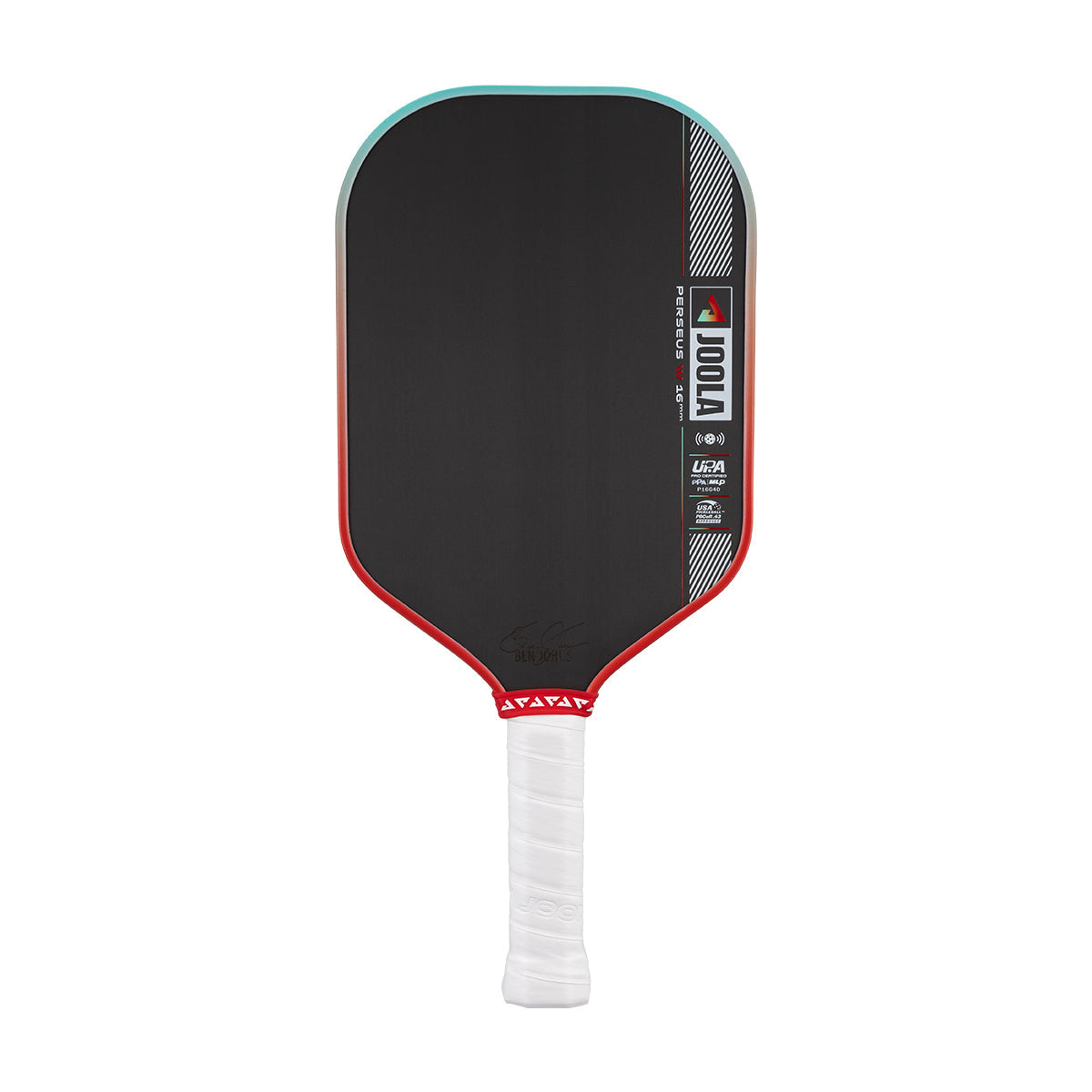 Pickleball paddle with black face, red rim, and white handle on a white background