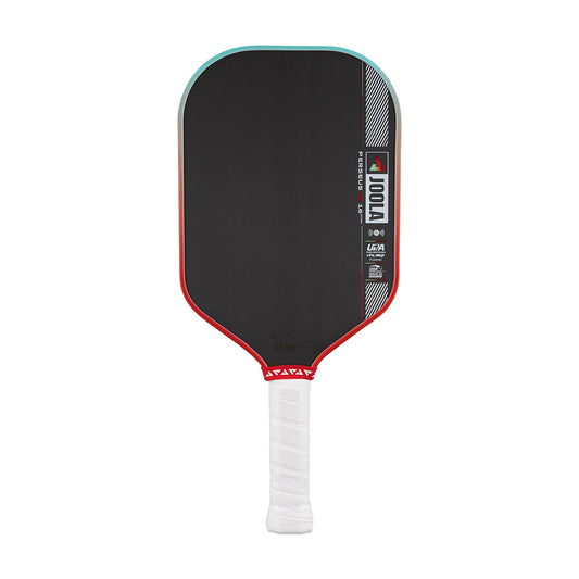 Pickleball paddle with black face, red rim, and white handle on a white background