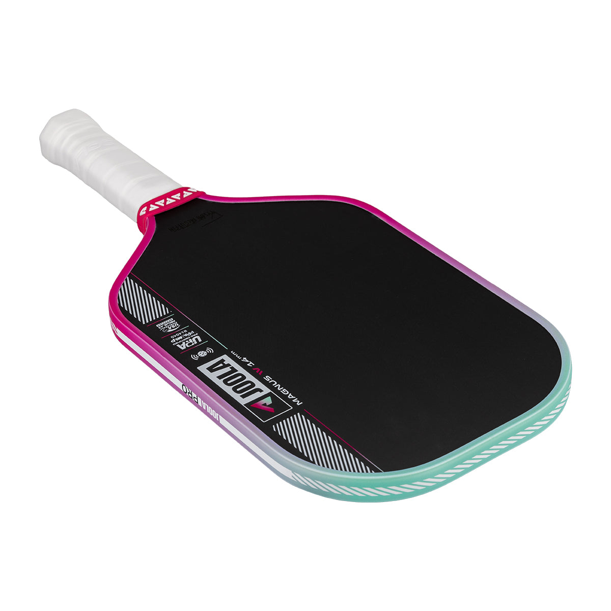 Pickleball paddle with pink and green design on a white background.