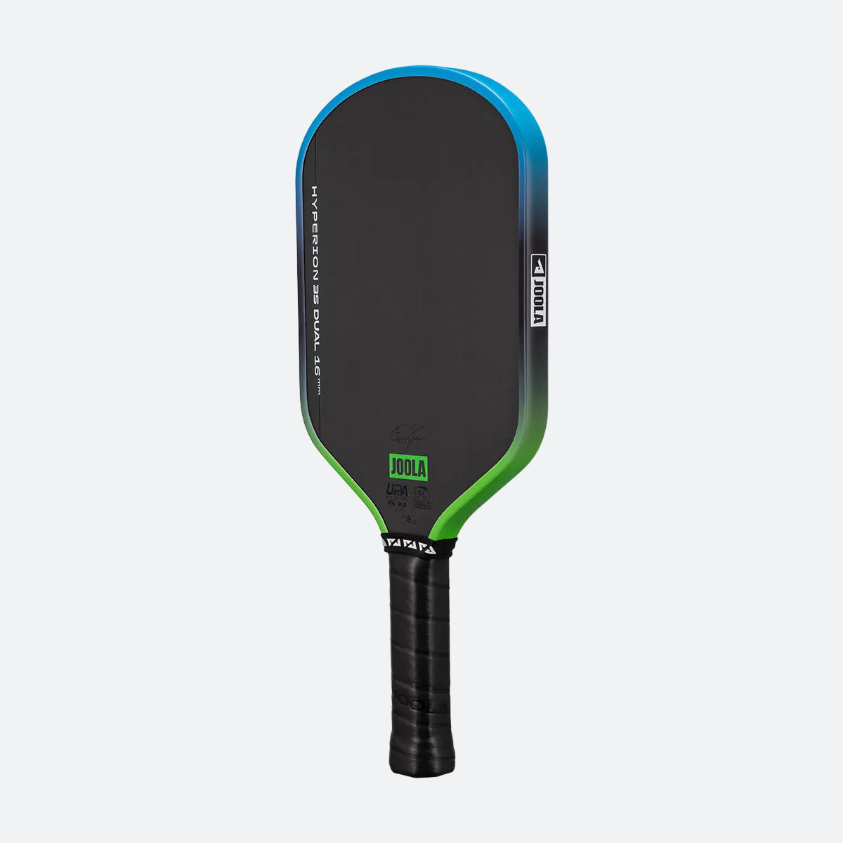 White background, image of a JOOLA Hyperion 3S Dual pickleball paddle with a green and blue dual gradiant edge guard.