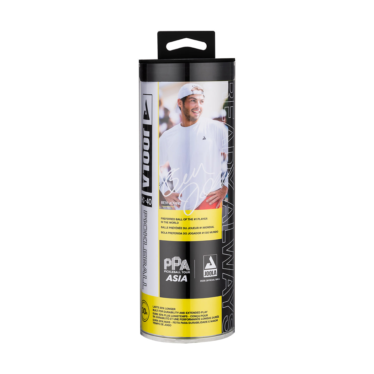 White background, product image showing an image of Ben Johns on one side of a pack of 3 HC-40 pickleballs.