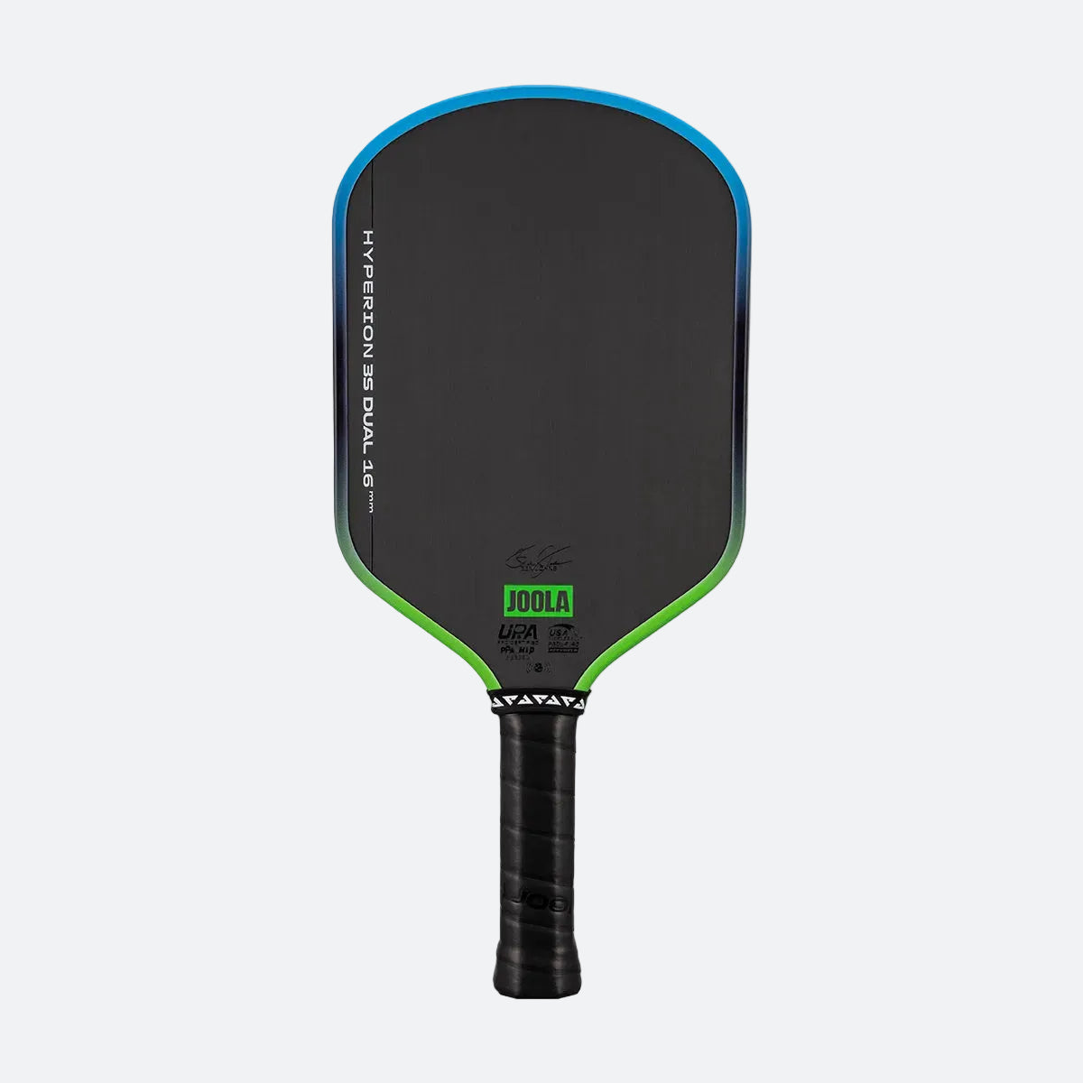 White background, image of a JOOLA Hyperion 3S Dual pickleball paddle with a green and blue dual gradiant edge guard.