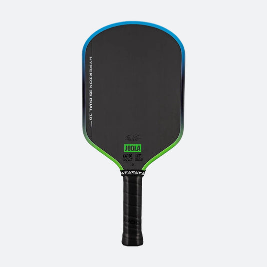 White background, image of a JOOLA Hyperion 3S Dual pickleball paddle with a green and blue dual gradiant edge guard.