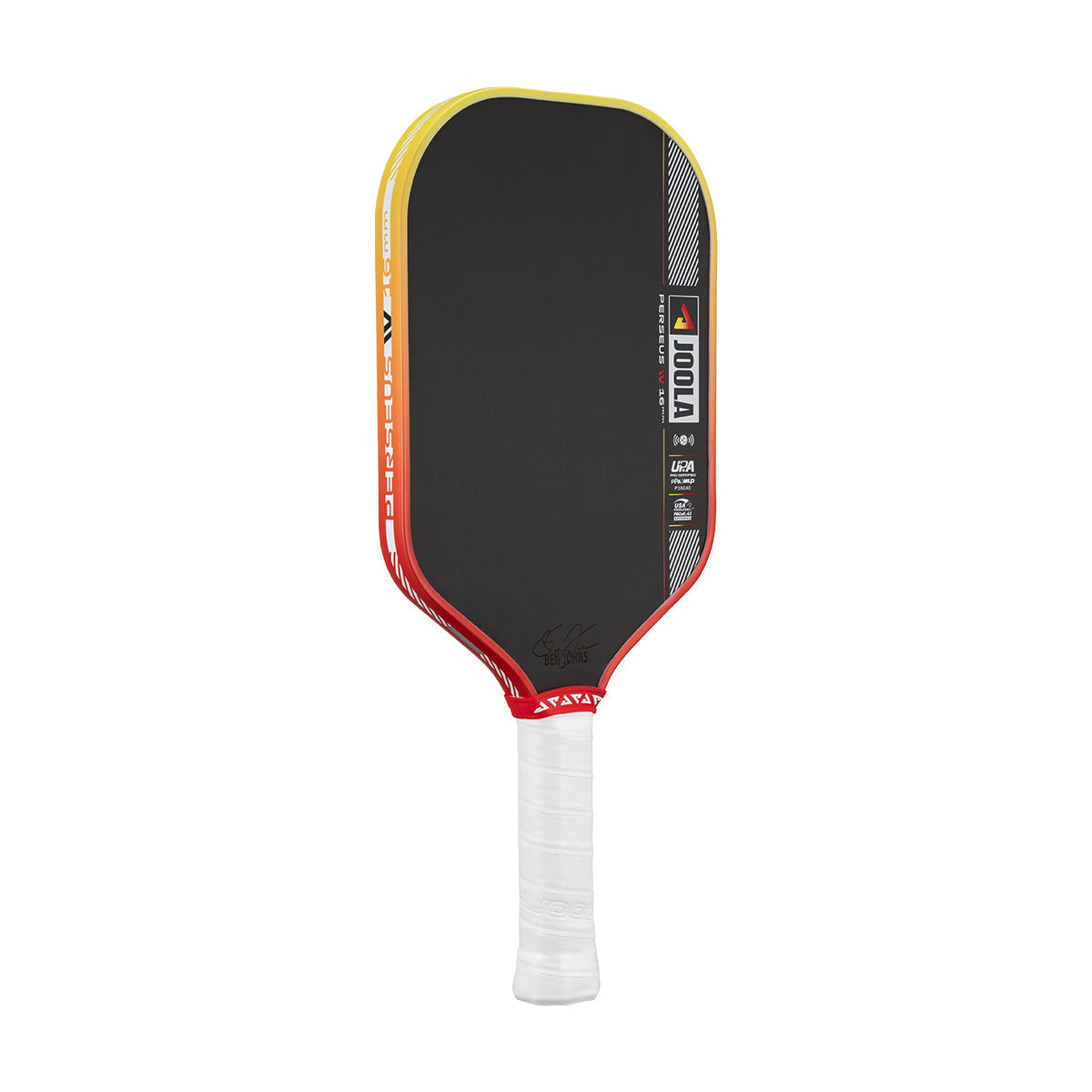 Pickleball paddle with black surface, red and yellow edges, and white handle on a white background