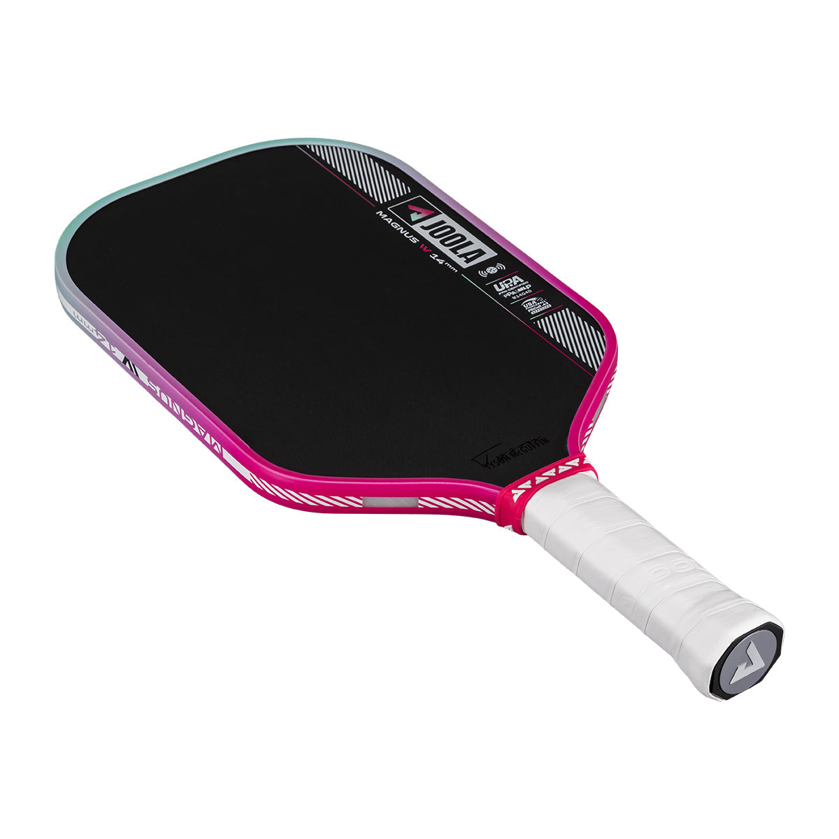 Pickleball paddle with pink and black design on a white background.