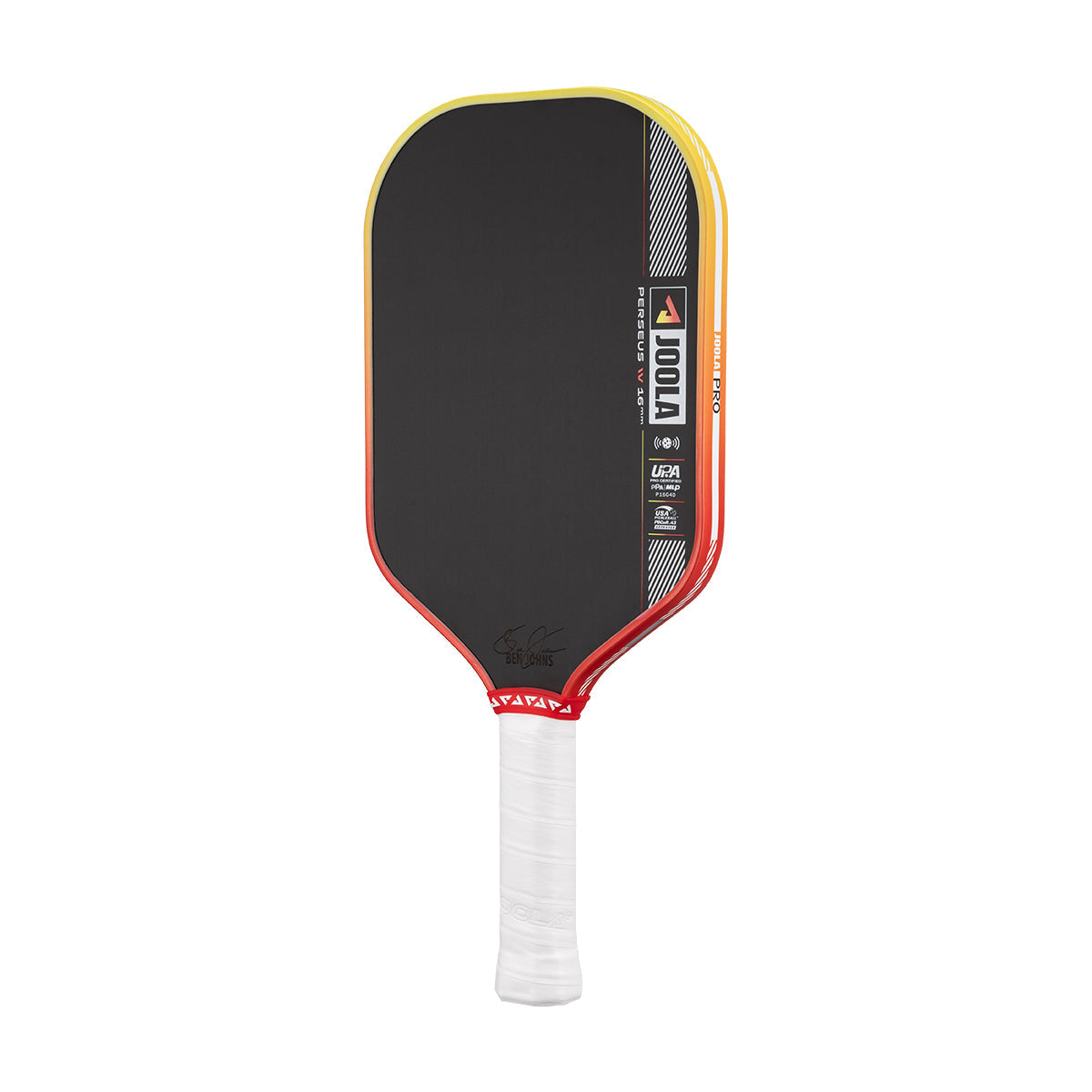 Pickleball paddle with black face, yellow rim, and white handle on a white background