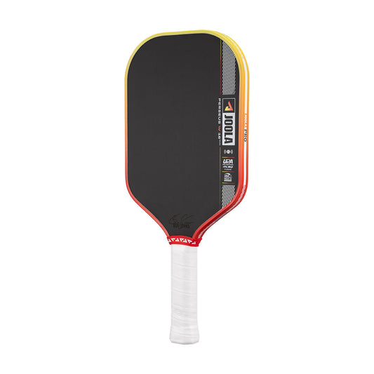 Pickleball paddle with black face, yellow rim, and white handle on a white background