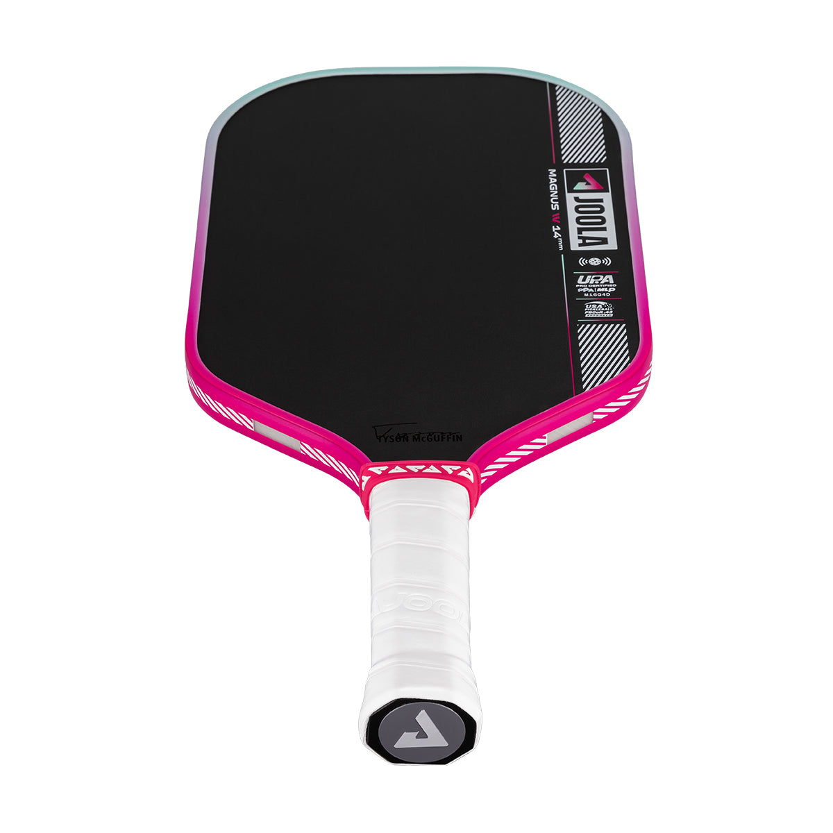 Pickleball paddle with pink and black design on a white background.