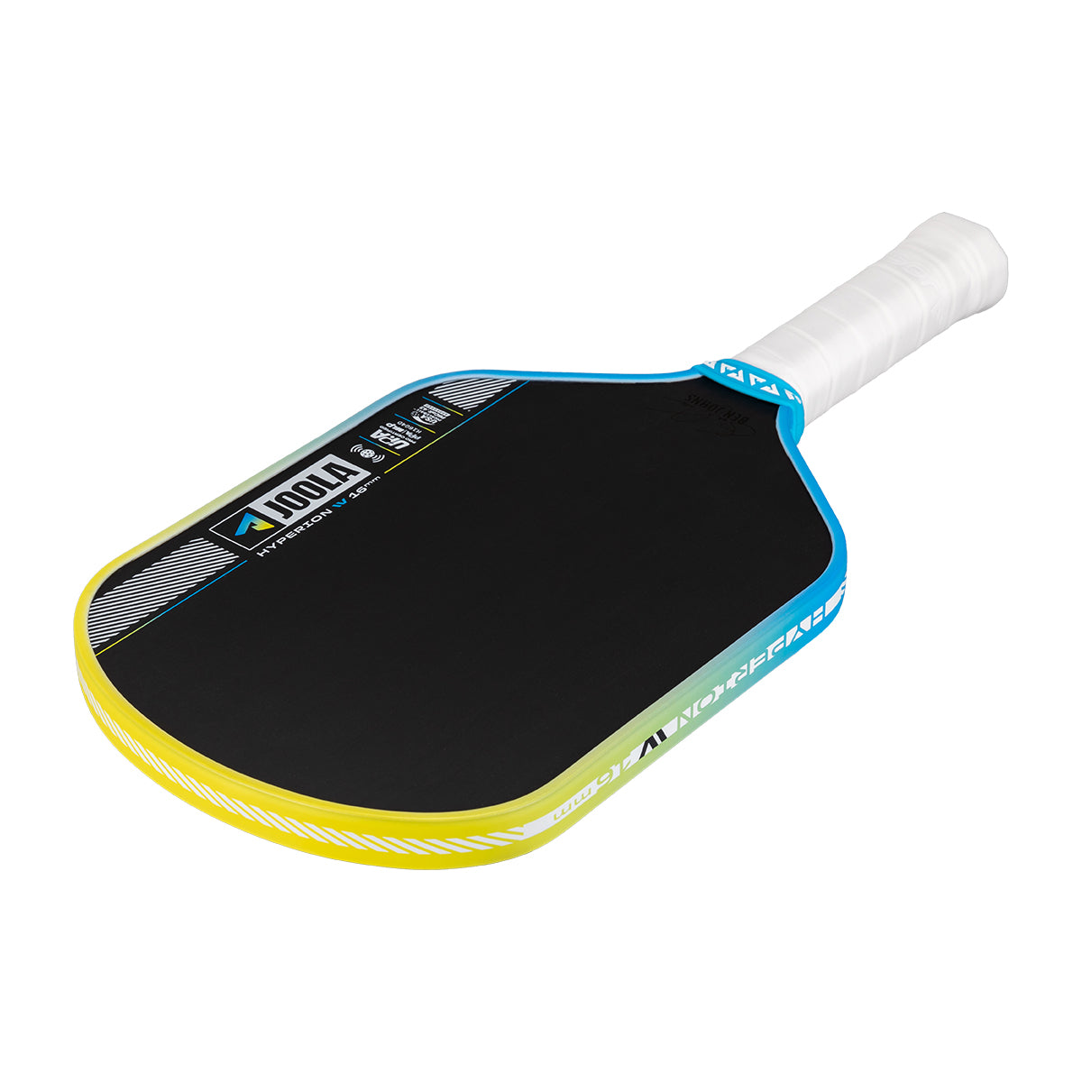 Pickleball paddle with black surface, yellow edges, and white handle on a white background.