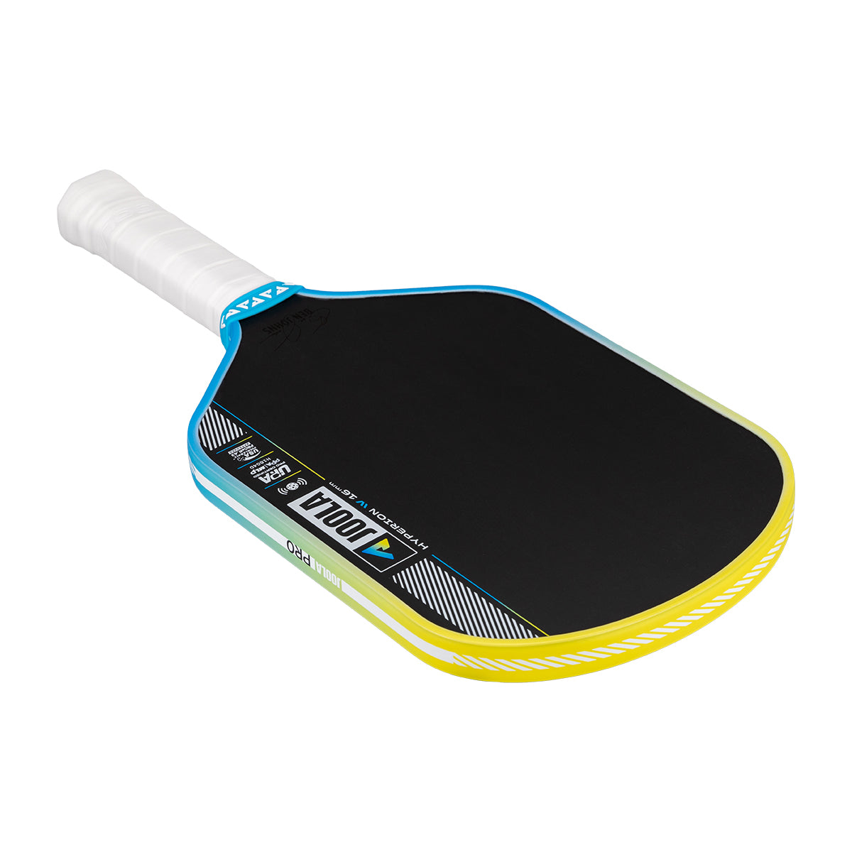 Pickleball paddle with black playing surface, white handle, and blue and yellow accents on a white background.