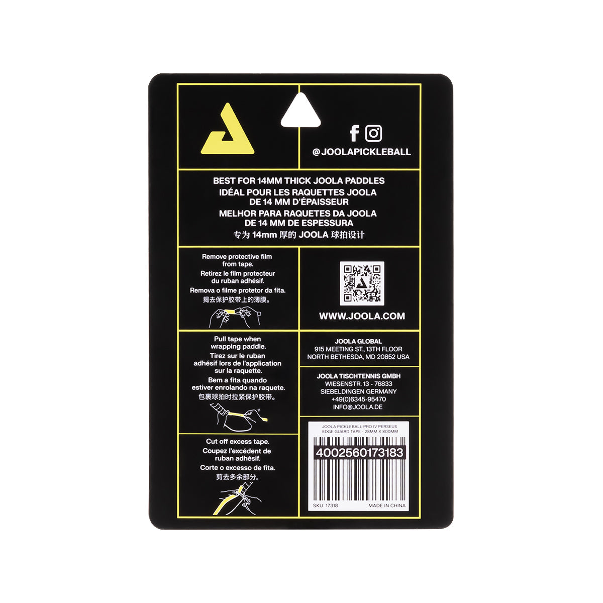 White background, image of the back of a package of JOOLA Edge Gaurd tape with detailed instructions on how to apply tape to your paddle.