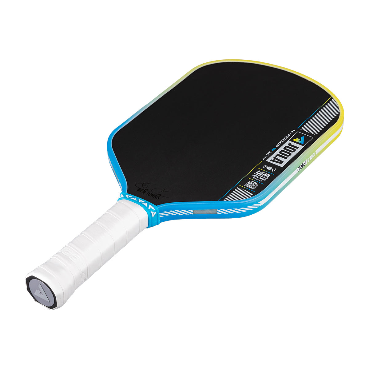 Pickleball paddle with black playing surface and blue and yellow handle on a white background.