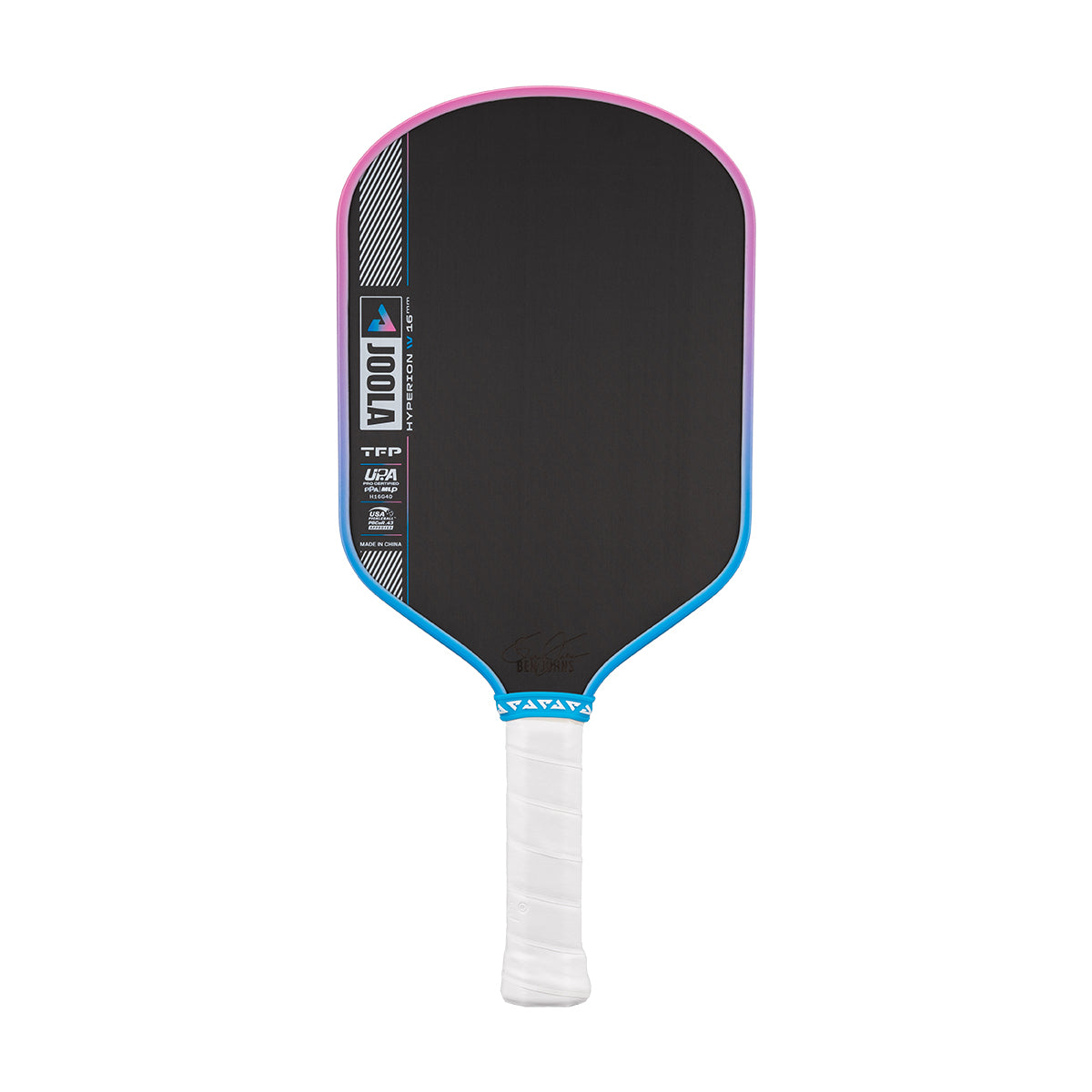 Pickleball paddle with black face, pink rim, and white handle on a white background.