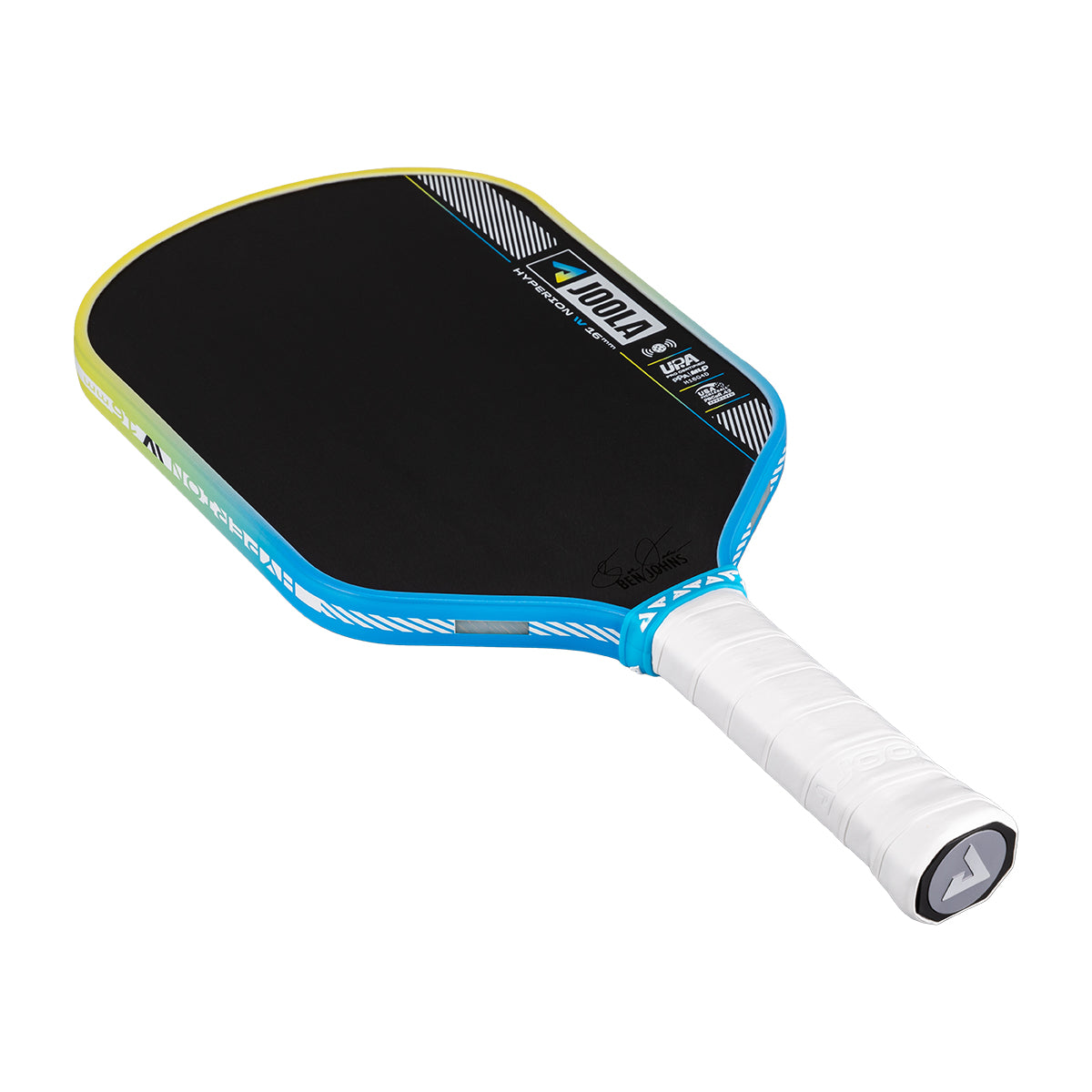 Pickleball paddle with black surface, blue frame, and white handle on a white background.
