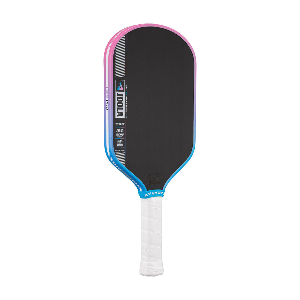 Pickleball paddle with black face, pink rim, blue border, and white handle on a white background.