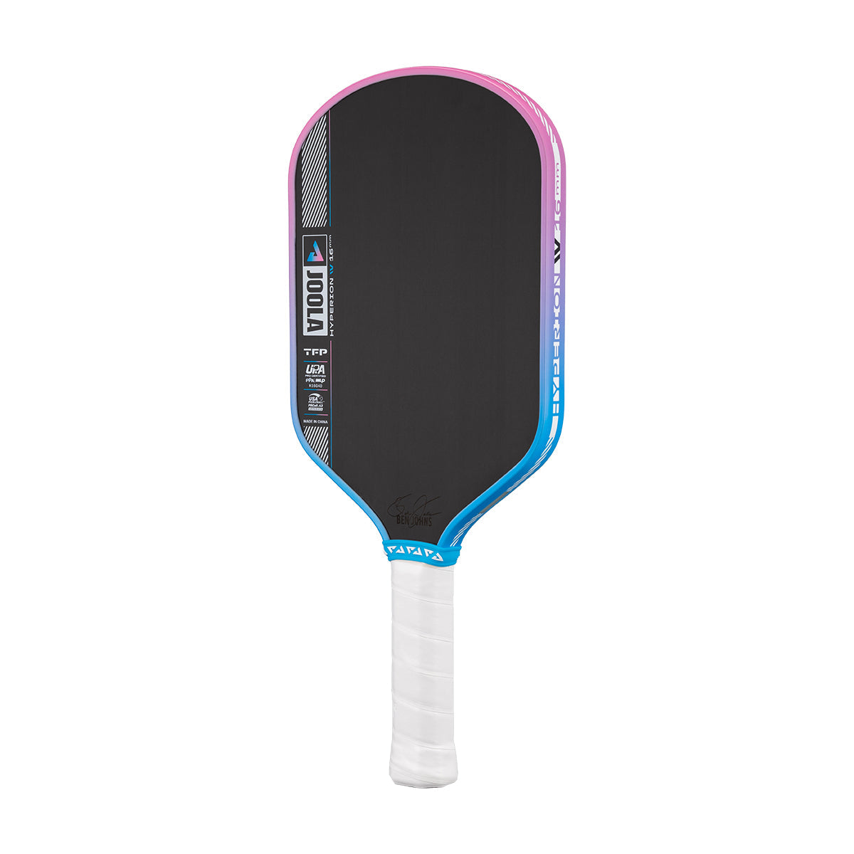 Pickleball paddle with black face, pink and blue sides, and white handle on a white background.