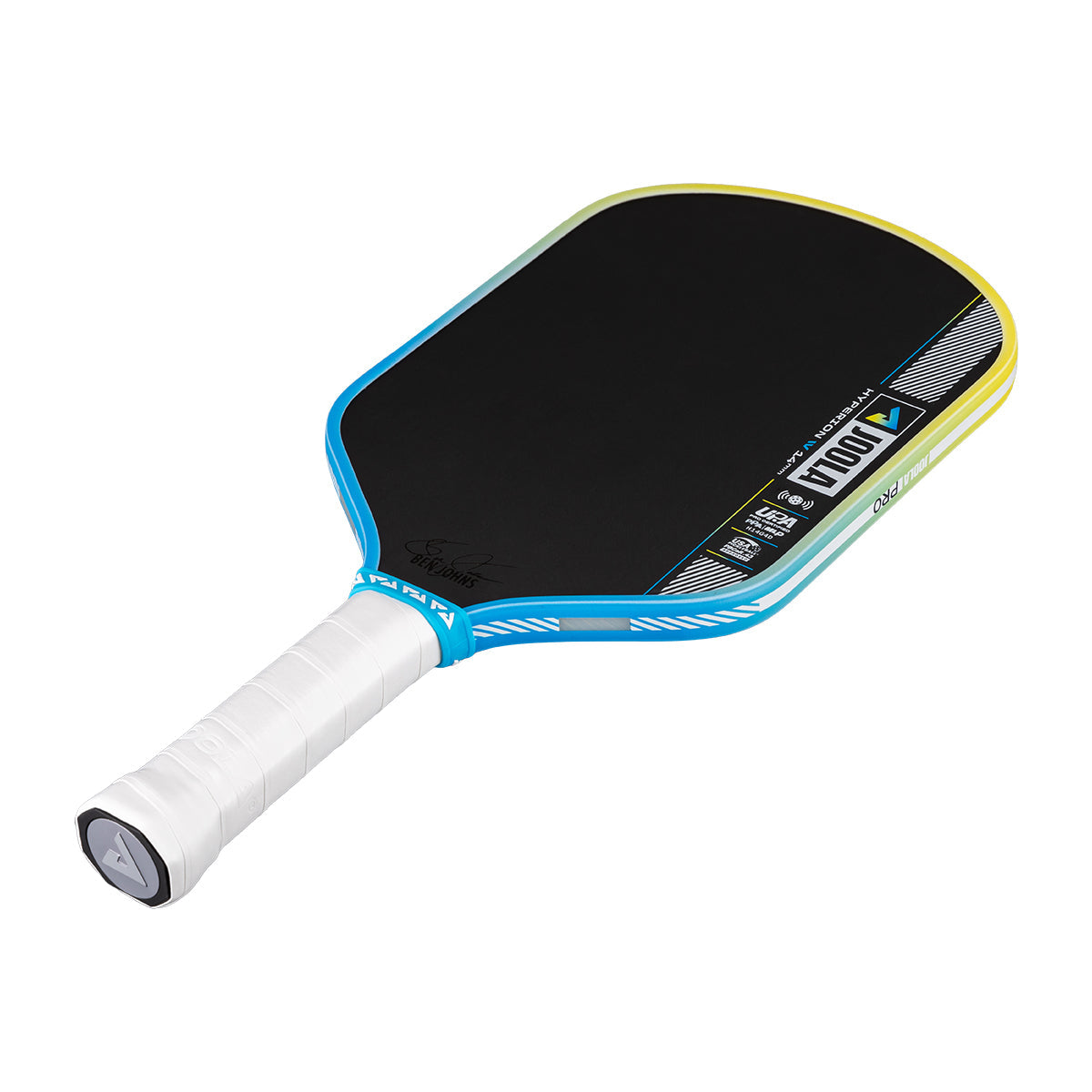 Pickleball paddle with black playing surface, blue rim, and white handle on a white background.