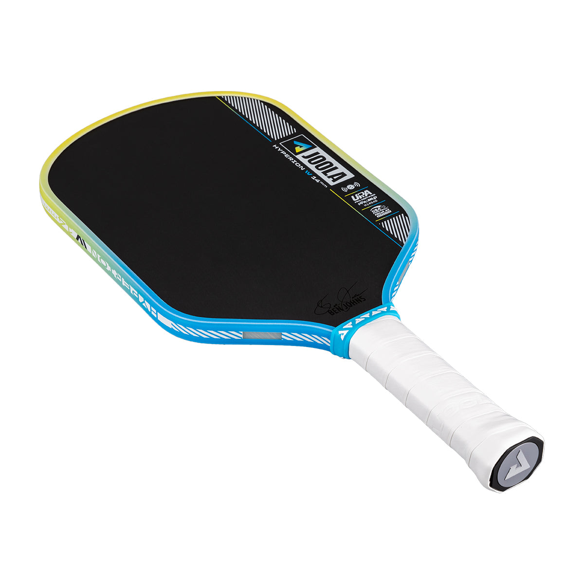 Pickleball paddle with black surface, blue frame, and white handle on a white background.