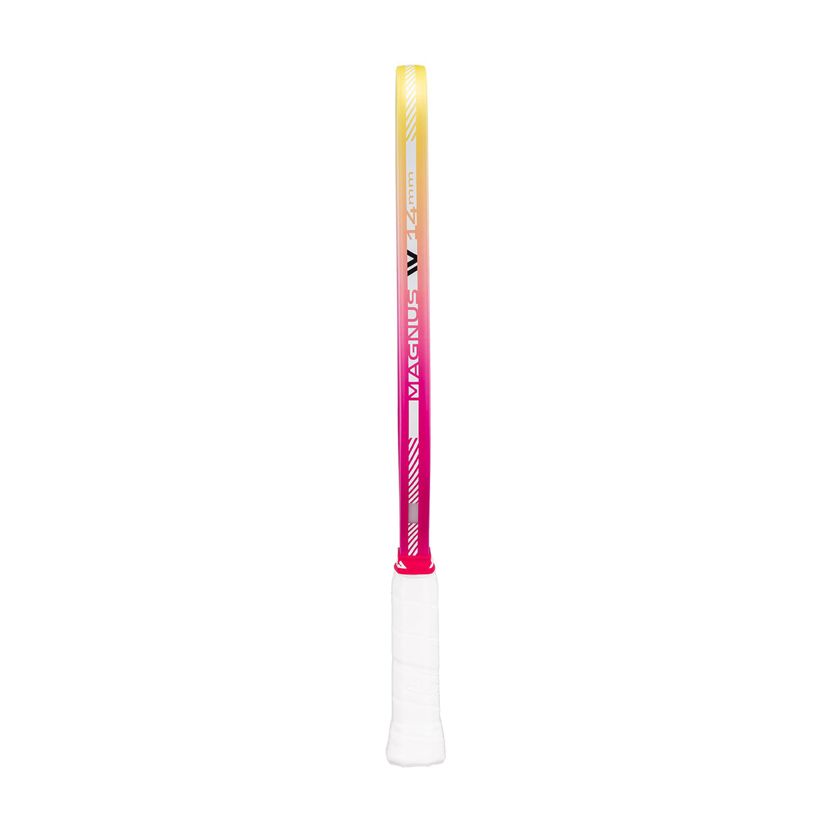 White background, side view of the dual pink and yellow edge guard of the JOOLA Pro IV Magnus 14mm pickleball paddle.