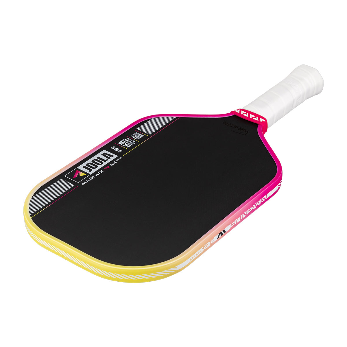 White background, angled view of the JOOLA Magnus Pro IV 14mm pickleball paddle, with yellow and pink gradient.
