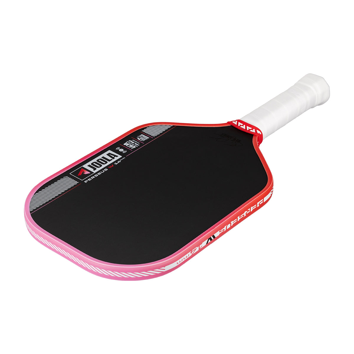 Pickleball paddle with red and black design on a white background