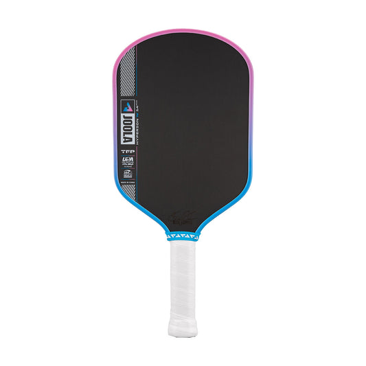 Pickleball paddle with black surface, pink rim, and white handle on a white background.