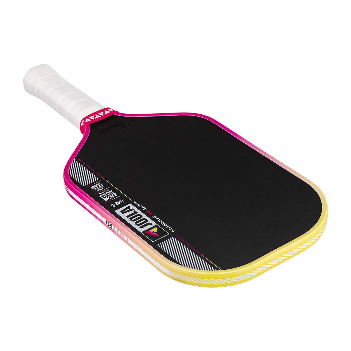 White background, angled view of the JOOLA Magnus Pro IV 14mm pickleball paddle, with yellow and pink gradient.