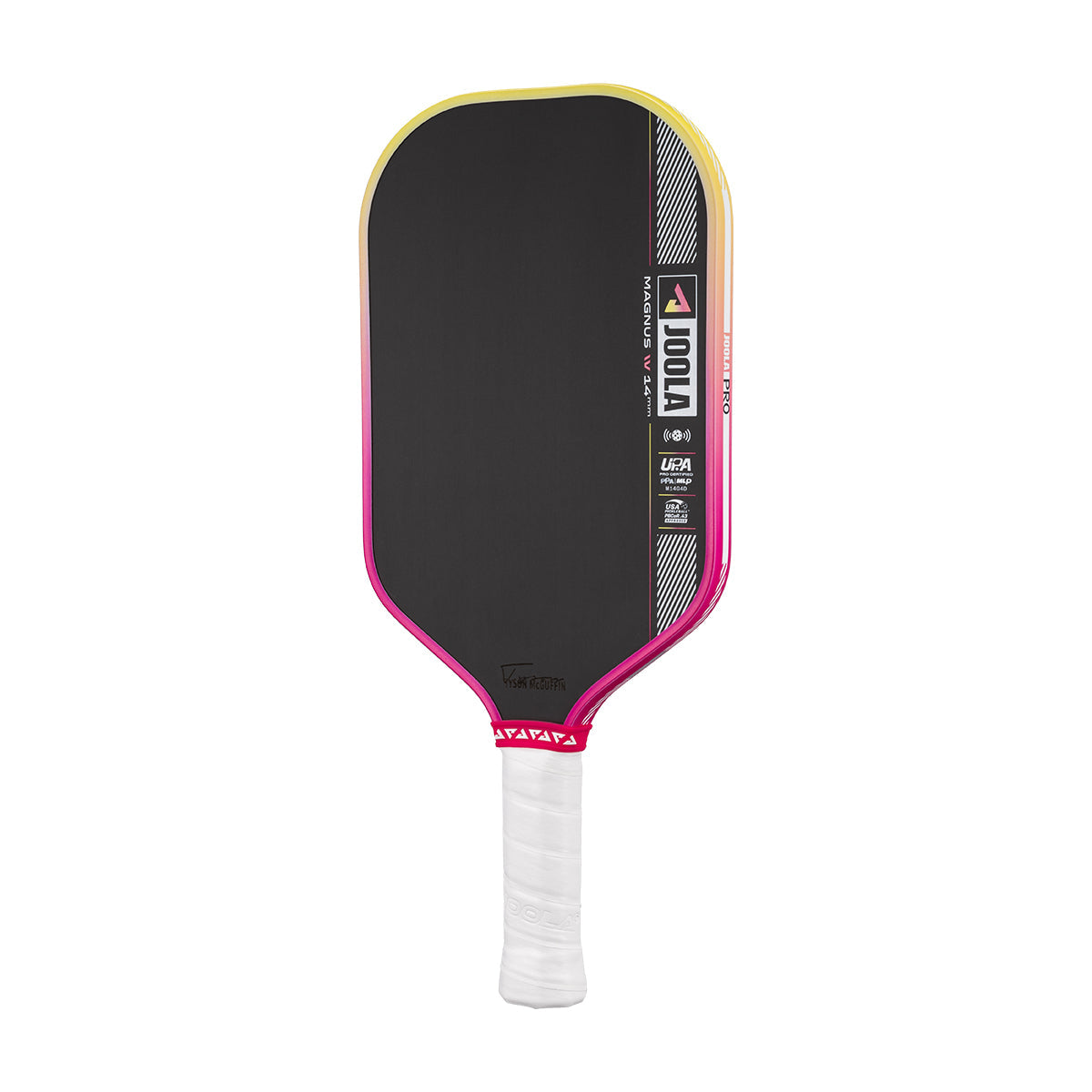 White background, angled JOOLA Magnus Pro IV pickleball paddle with pink and yellow edge guard.