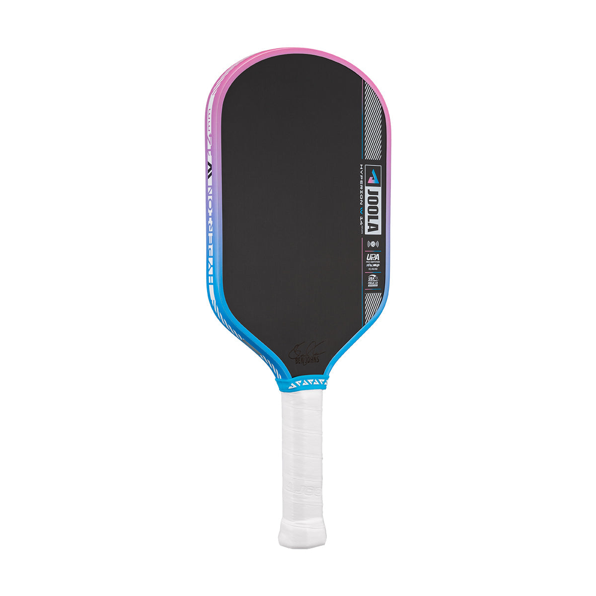 Pickleball paddle with black surface, pink and blue edges, and white handle on a white background.