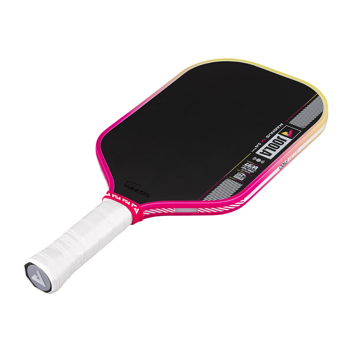White background, angled JOOLA Magnus Pro IV pickleball paddle with pink and yellow edge guard.